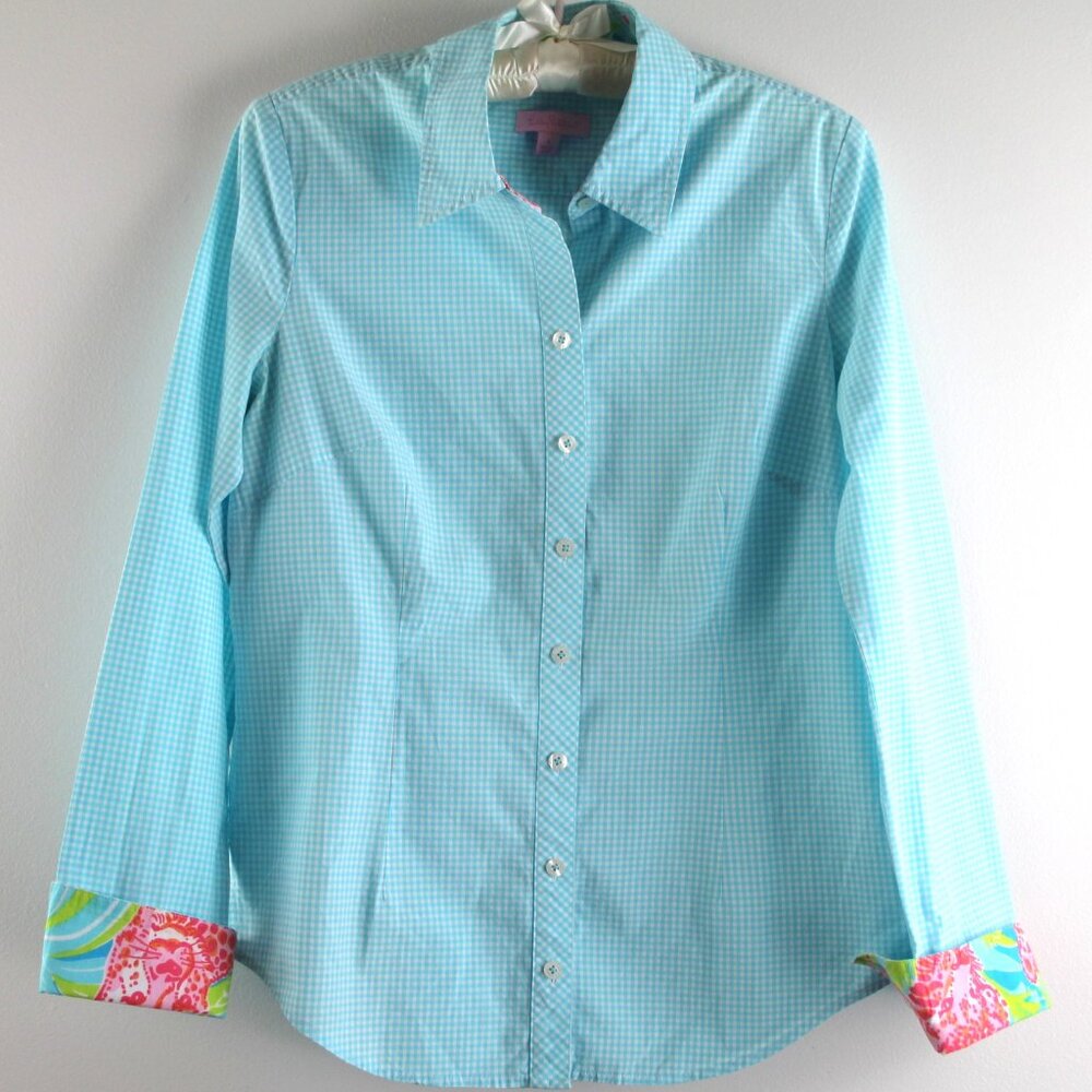 Lilly Pulitzer Aqua Gingham Button-Down Blouse with Pink Floral Cuffs